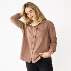 Women's Sonoma Goods For Life® Relaxed Button Down Shirt -Sonoma Clothing Store 5763233 Brown Gauze