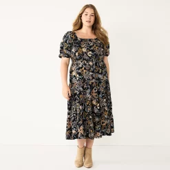 Plus Size Sonoma Goods For Life® Smocked Tiered Midi Dress 11 Plus Size Sonoma Goods For Life® Smocked Tiered Midi Dress -Sonoma Clothing Store 5805883 Black Floral