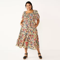 Plus Size Sonoma Goods For Life® Smocked Tiered Midi Dress 9 Plus Size Sonoma Goods For Life® Smocked Tiered Midi Dress -Sonoma Clothing Store 5805883 Tan Floral
