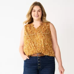 Plus Size Sonoma Goods For Life® Y-Neck Ruffle Tank -Sonoma Clothing Store 5831170 Gold Multi Ditsy