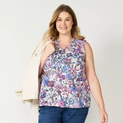 Plus Size Sonoma Goods For Life® Y-Neck Ruffle Tank -Sonoma Clothing Store 5831170 Gray Purple Floral