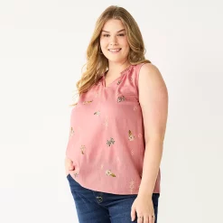 Plus Size Sonoma Goods For Life® Y-Neck Ruffle Tank -Sonoma Clothing Store 5831170 Pink Mauve Geo Floral