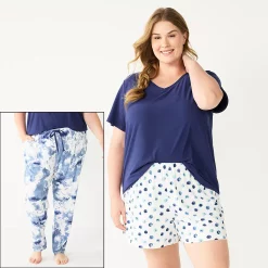 Plus Size Sonoma Goods For Life® 3-piece Pajama Top, Pajama Shorts & Pajama Pants Sleep Set -Sonoma Clothing Store 5879135 Blue Cloudy Dye