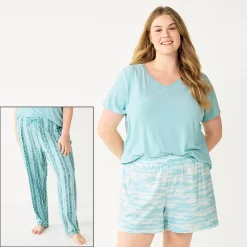 Plus Size Sonoma Goods For Life® 3-piece Pajama Top, Pajama Shorts & Pajama Pants Sleep Set -Sonoma Clothing Store 5879135 Turquoise Dye Stripe