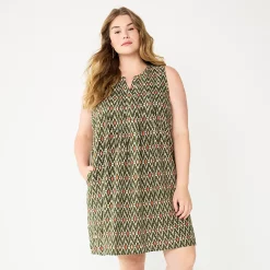 Plus Size Sonoma Goods For Life® Sleeveless Pintuck Tank Dress -Sonoma Clothing Store 5905628 Olive Geo