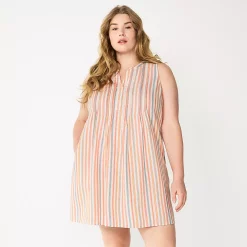 Plus Size Sonoma Goods For Life® Sleeveless Pintuck Tank Dress -Sonoma Clothing Store 5905629 Beige Multi Stripe