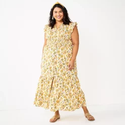 Plus Size Sonoma Goods For Life® Ruffle Sleeve Smocked Maxi Dress -Sonoma Clothing Store 5921901 Orange Floral