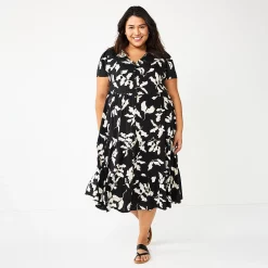 Plus Size Sonoma Goods For Life® Button Front Tiered Midi Dress -Sonoma Clothing Store 5927443 Black Floral
