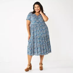 Plus Size Sonoma Goods For Life® Button Front Tiered Midi Dress -Sonoma Clothing Store 5927443 Blue Floral