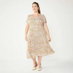 Plus Size Sonoma Goods For Life® Button Front Tiered Midi Dress -Sonoma Clothing Store 5927443 Pink Floral