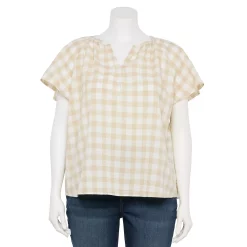 Plus Size Sonoma Goods For Life® Flutter Sleeve Y-Neck Top -Sonoma Clothing Store 5929300 Ecru Gingham