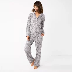 Women's Sonoma Goods For Life® Knit Pajama Shirt & Pajama Pants Sleep Set -Sonoma Clothing Store 6076381 Grey Leopard