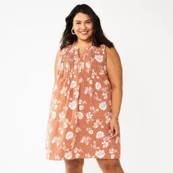 Plus Size Sonoma Goods For Life® Sleeveless Pintuck Tank Dress -Sonoma Clothing Store 6193865 Brown Floral